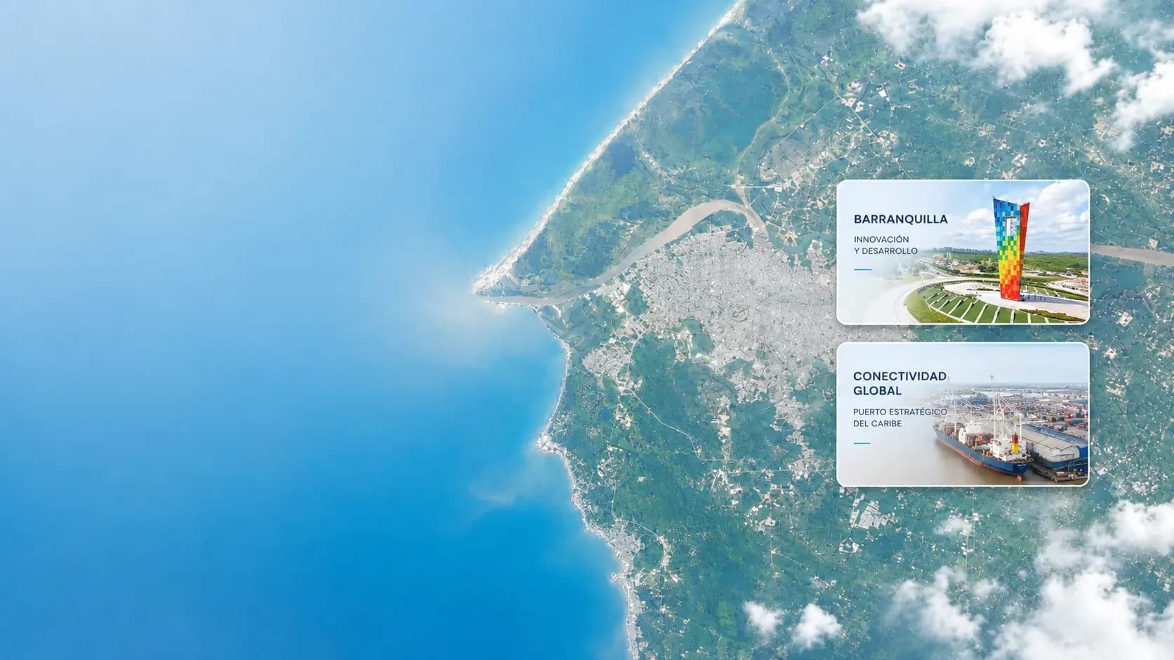 Vista satelital de Barranquilla con la desembocadura del río Magdalena en el mar Caribe, junto a dos fichas: innovación y desarrollo, y conectividad global como puerto estratégico del Caribe